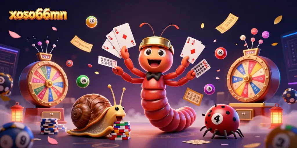 Engage in exciting gameplay with xoso66mn, featuring a colorful 3D casino scene of a millipede dealer and high-roller.