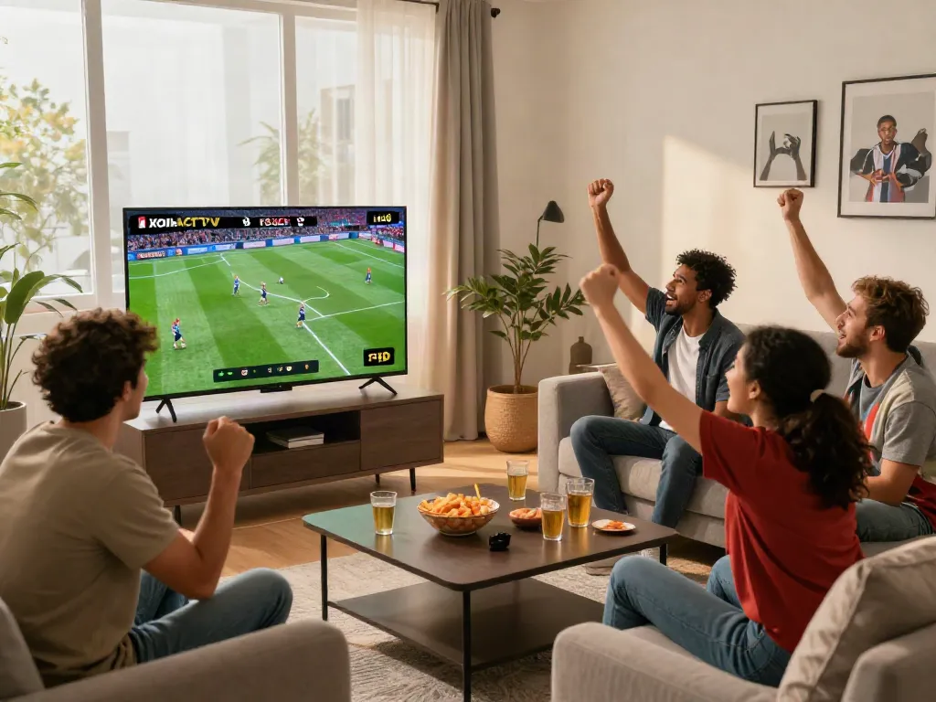 Friends enjoying a live football match on XOILACTV in a stylish living room.