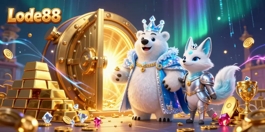 Lode88 game illustration featuring a polar bear and snow fox surrounded by treasures, evoking excitement and engagement.