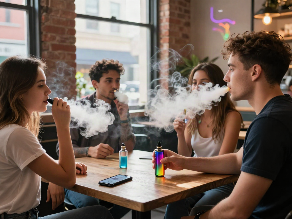 Young adult enjoying raz vape in a vibrant urban café setting, surrounded by friends.