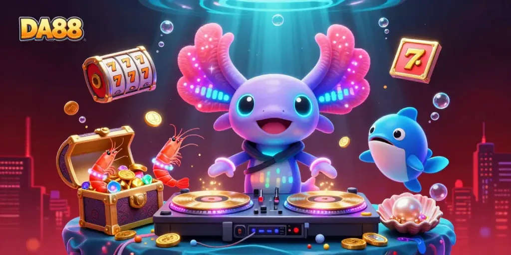 Experience thrilling slots with DA88 in a vibrant underwater casino scene featuring a DJ axolotl.