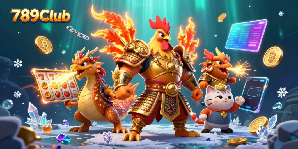 Experience the vibrant world of 789Club with a dynamic scene of cartoon warriors and casino elements.