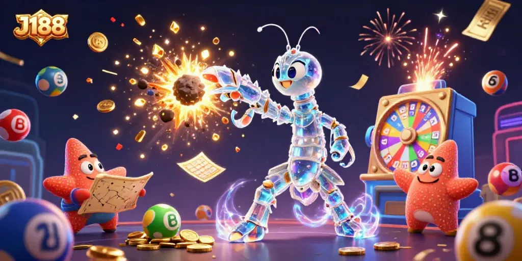 Engage with the dynamic J188 experience featuring a galactic samurai mantis shrimp and a navigator starfish amid a vibrant casino atmosphere and flying lottery elements.