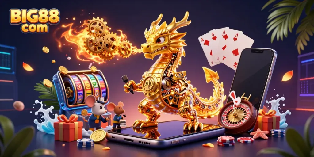 Experience the thrill at BIG88 com with a vibrant 3D dragon, slot games, and rich casino elements.