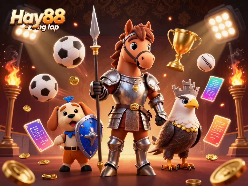 Experience Hay88 đăng nhập as a knight with dynamic sports elements in a vibrant casino-themed illustration.