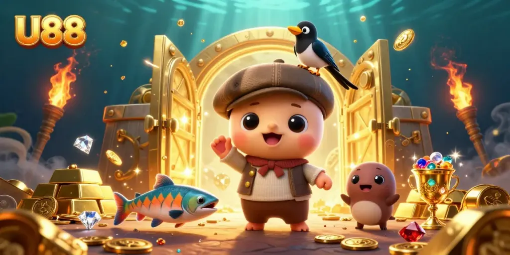 Join U88 in a vibrant underwater casino adventure with a playful baby Nessie and golden treasures!