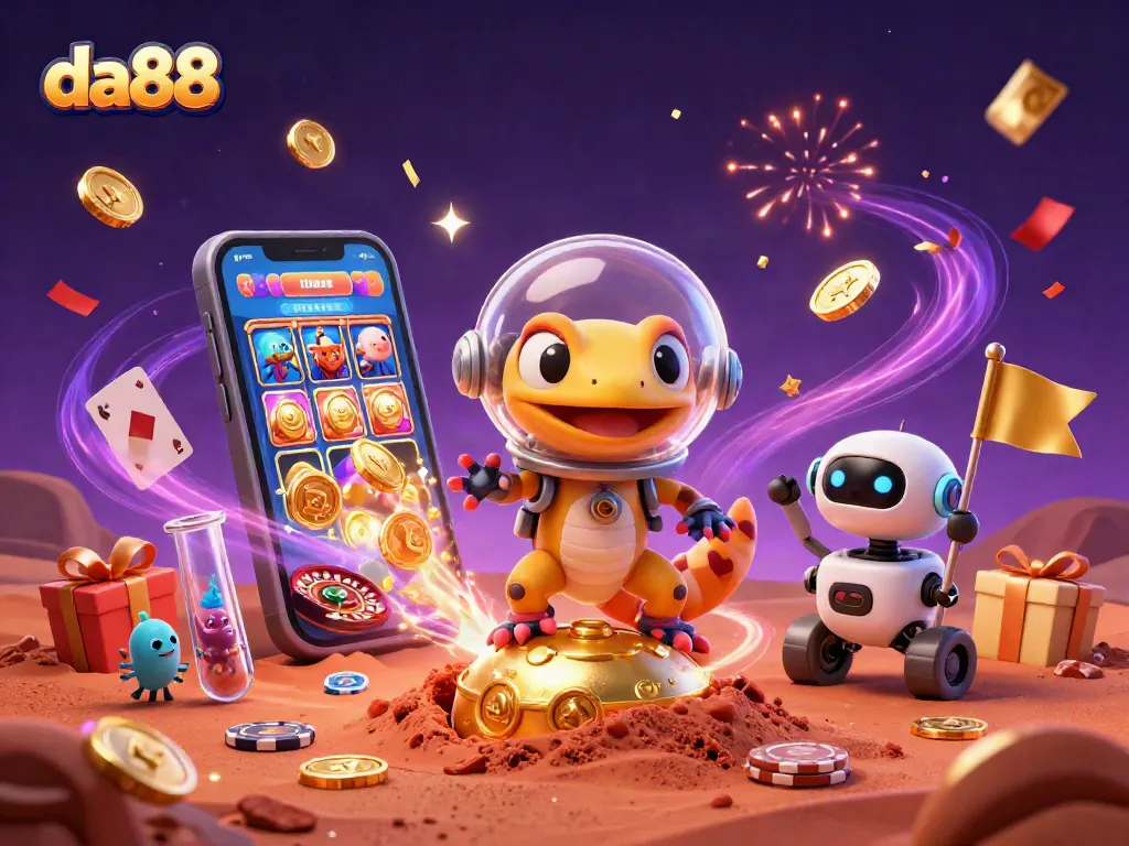 Experience da88's exhilarating casino adventures as a Martian gecko and robot discover treasures.