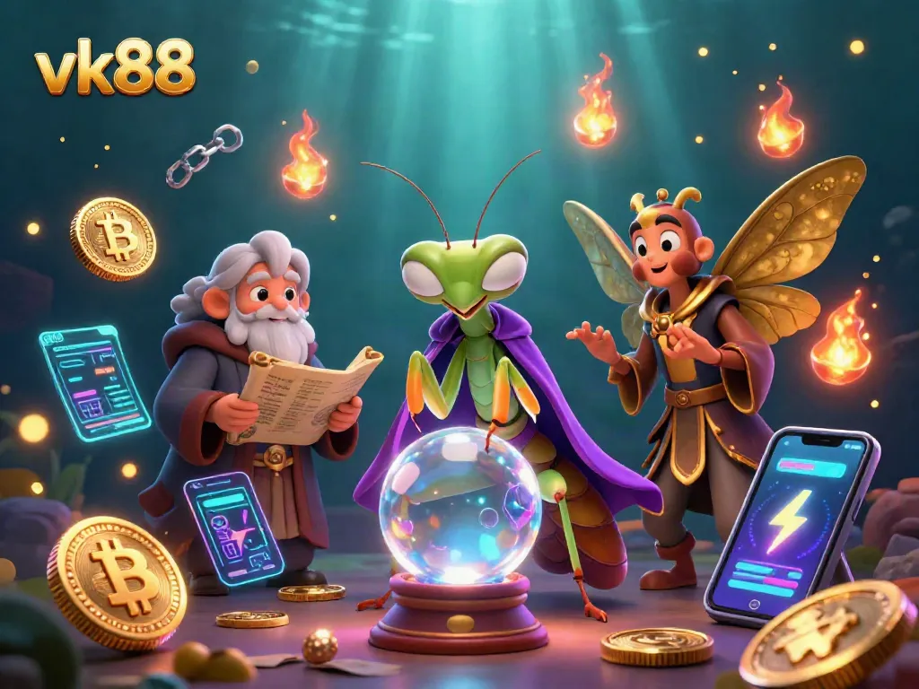 Engage with the vk88 gaming universe through a mystical scene filled with fortune-telling and cryptocurrency.