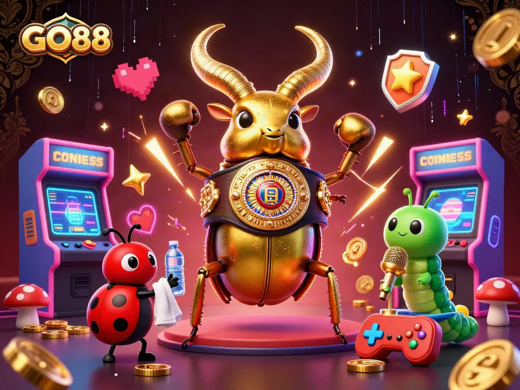 Engage with GO88's exciting gambling world, featuring a dynamic 3D scene of a golden stag beetle and characters in action.