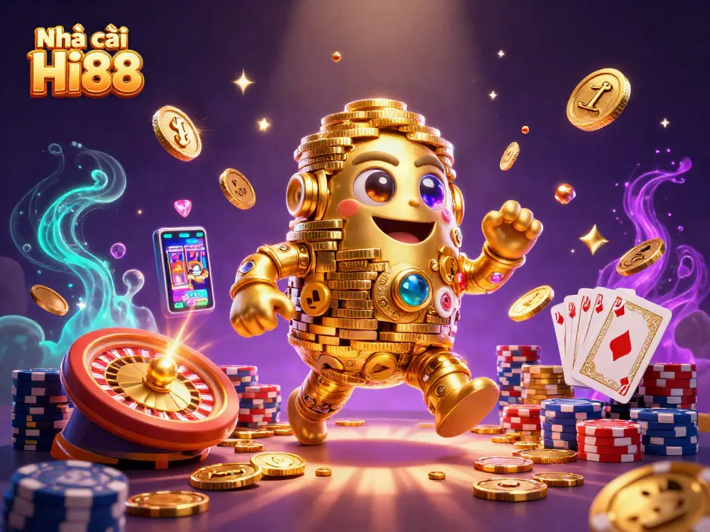 Experience excitement with Nhà cái Hi88 through vibrant casino elements and animated characters in action.