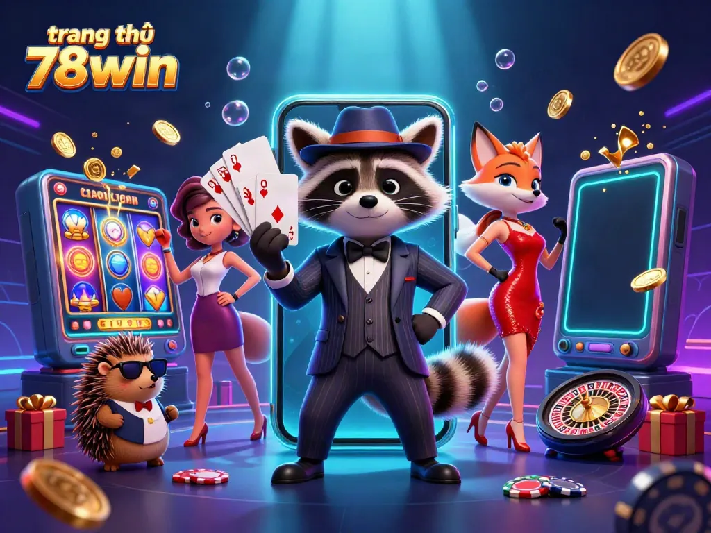 Experience gaming excitement at trang chủ 78win with engaging characters amidst vibrant casino elements