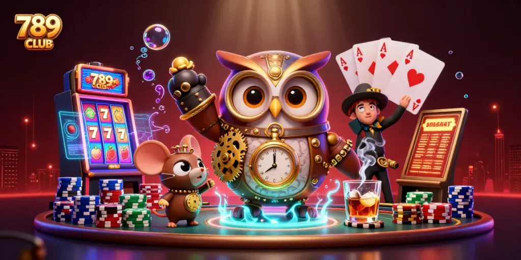 Engage in fun gaming experiences at 789CLUB's vibrant casino scene with spinning reels and charming characters.