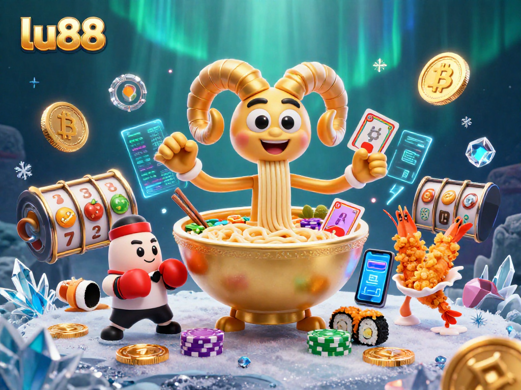 Engage with lu88's vibrant casino scene featuring the golden ramen bowl and action-packed elements