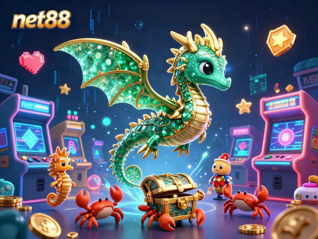 Join the excitement of net88 with vibrant 3D casino gaming elements and sea creatures in this dynamic illustration.