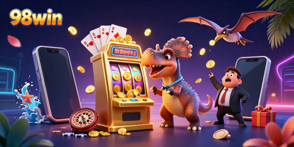 98win offers a thrilling casino experience through vibrant illustrations of exciting jackpots and gameplay.