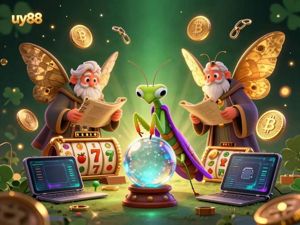 Experience uy88's captivating slot scene with mystical characters and glowing cryptocurrency elements.