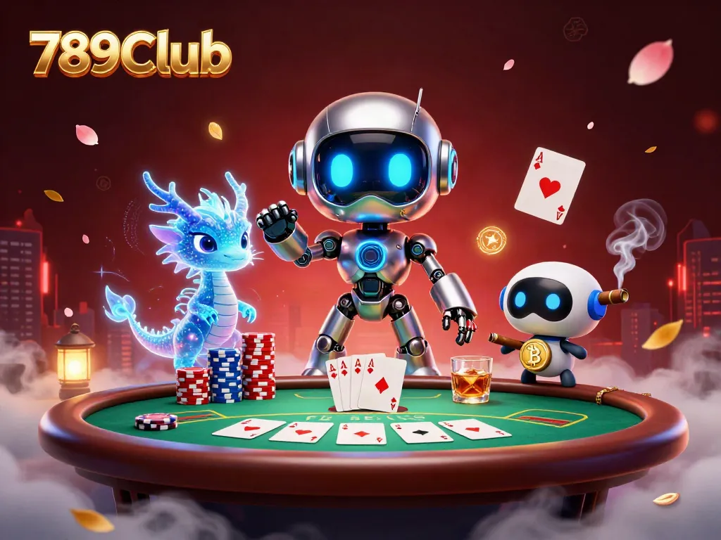 Experience the thrill of 789Club with a vibrant casino battle scene featuring poker elements and cyberpunk characters.