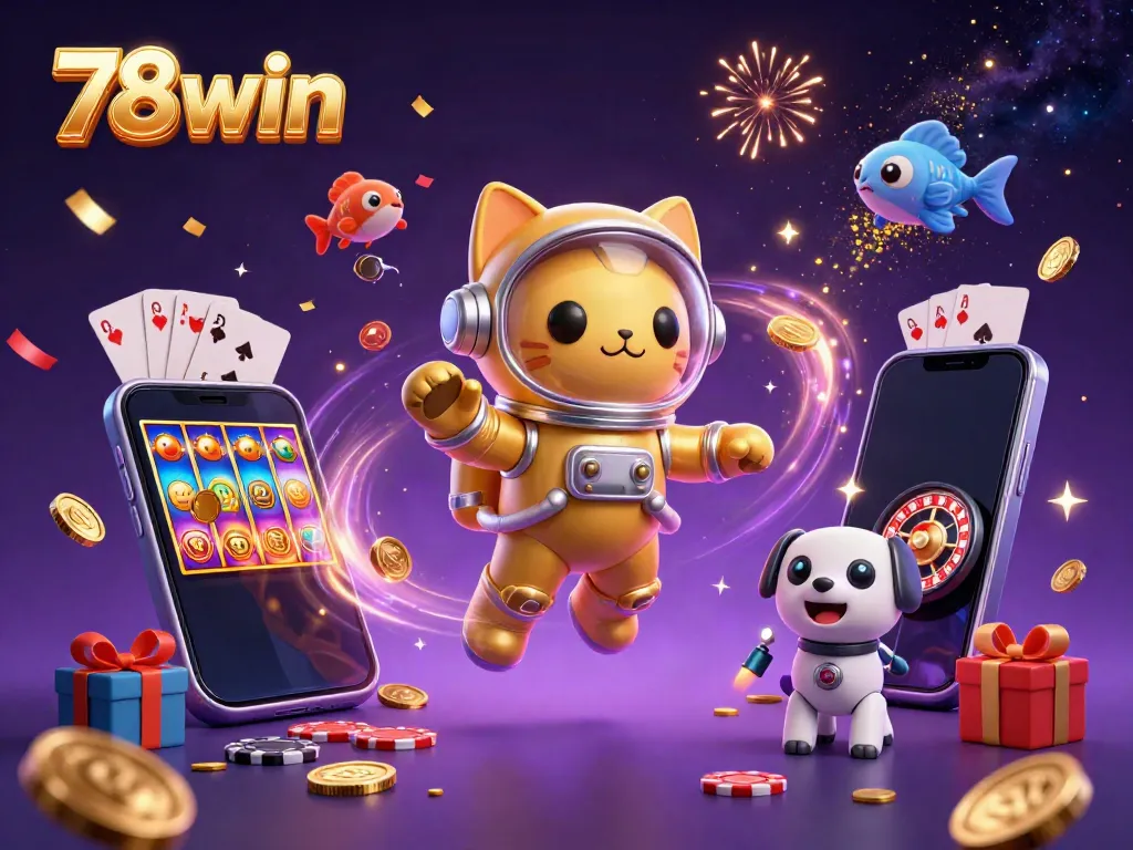 Engage with 78win's fantasy world featuring a golden astronaut cat and robot dog amidst casino excitement.
