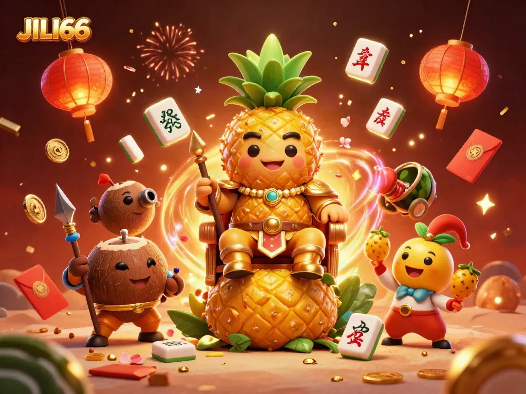 Play thrilling games at JILI66, featuring a vibrant casino scene with unique characters and festive elements.