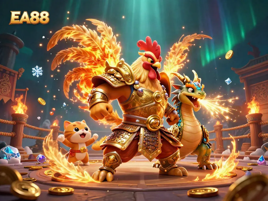 Experience the thrill of EA88 with a fierce rooster warrior and dynamic casino elements.