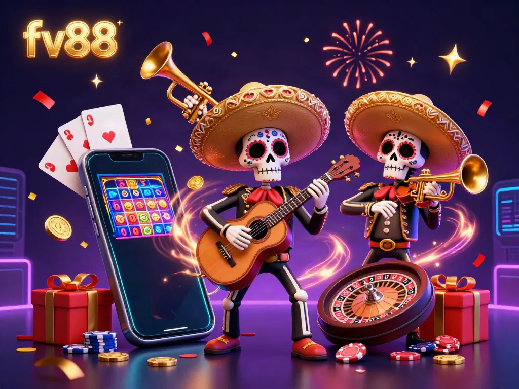 Experience vibrant gaming with fv88 in a colorful casino scene featuring lively mariachi skeletons.