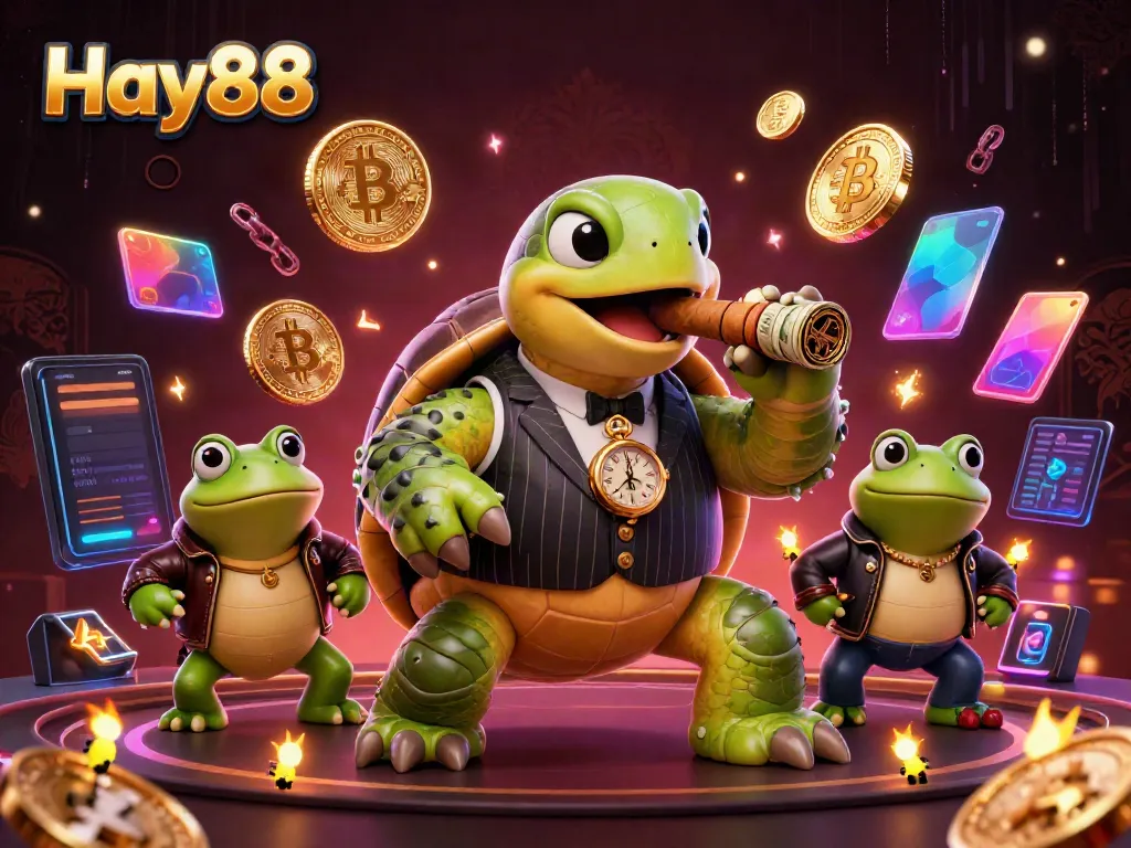 Experience exciting gameplay at Hay88 with a lively 3D scene featuring fun characters and Bitcoin elements.