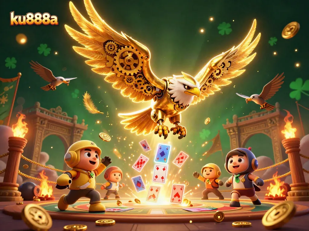 Engage with ku888a's golden eagle amidst a dynamic casino scene of cards and tokens.