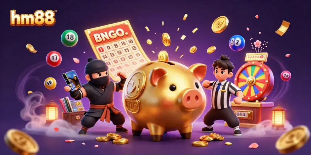 Experience winning moments with hm88 amid golden coins and vibrant lottery elements in a thrilling illustration.