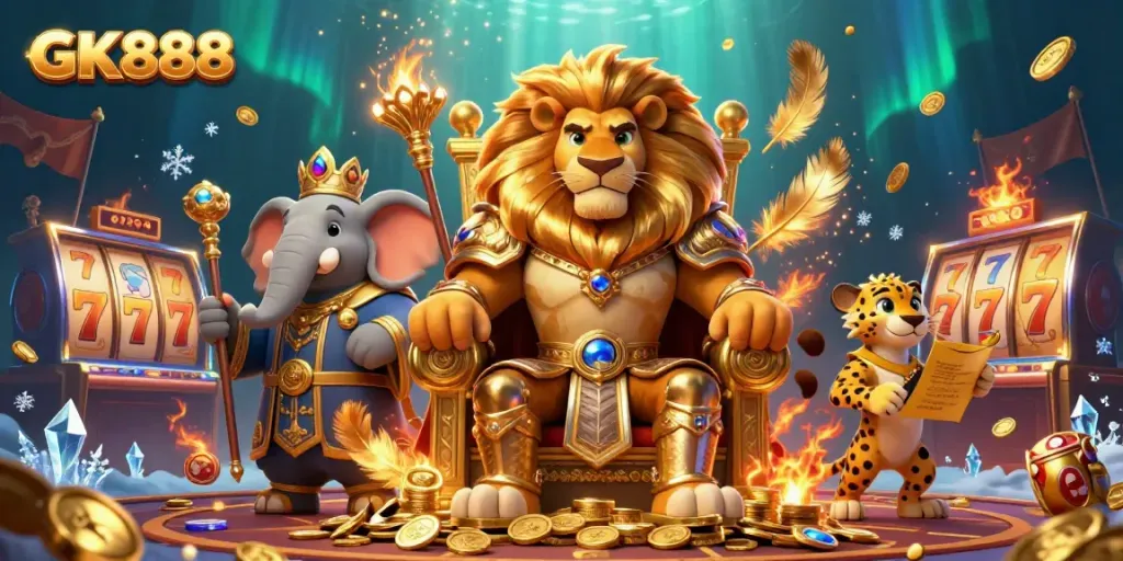 Experience the GK888 casino adventure with a majestic lion king, wise elephant, and swift cheetah in an action-packed scene.