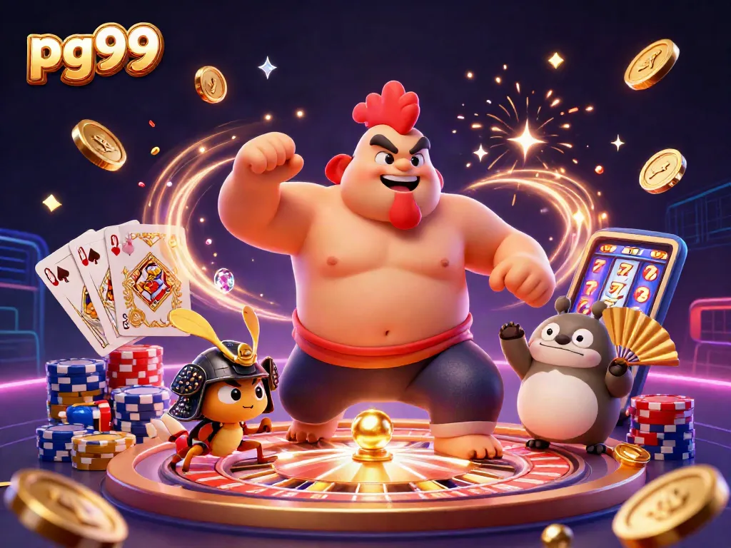 Join pg99's thrilling casino adventure with animated characters amidst sparkling gems and gold coins.