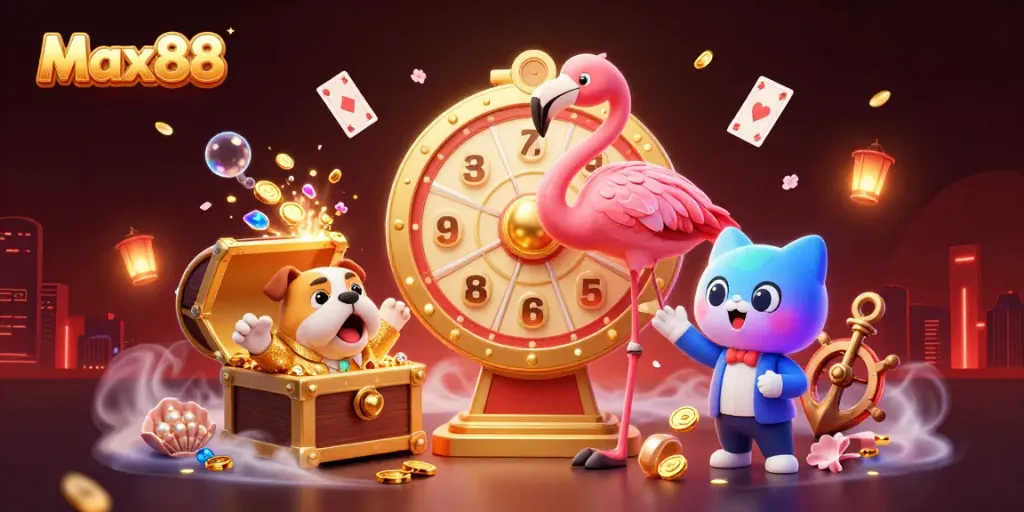 Engaging character scene showcasing Max88's vibrant casino games with 3D cartoon elements.