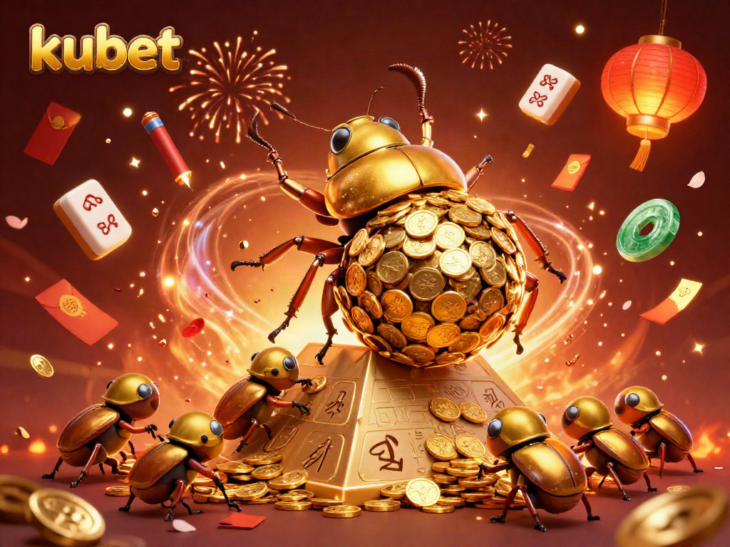 Engage in thrilling kubet casino adventures with golden beetles rolling coins amidst vibrant gambling elements.
