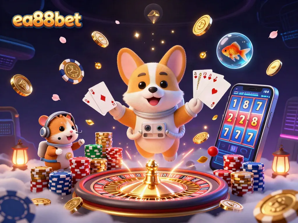 Experience thrilling gaming action with ea88bet in a vibrant 3D space station casino scene.