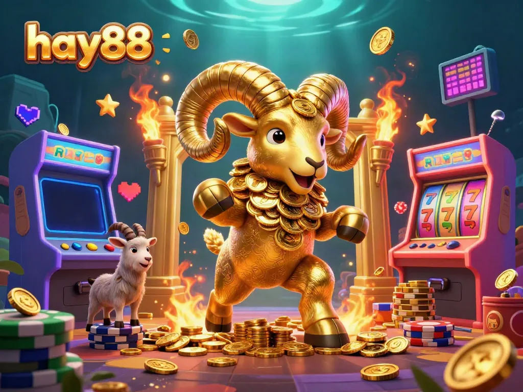 Experience excitement at hay88 with a golden ram charging through a lively casino scene.