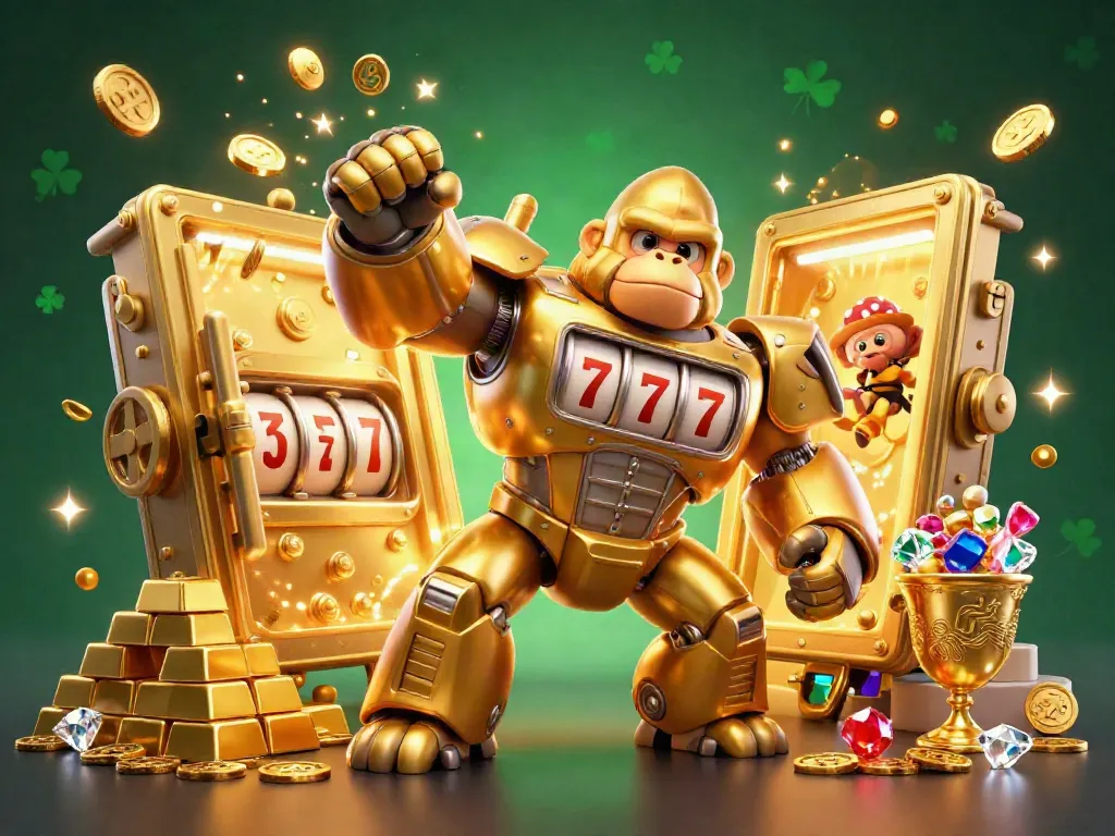 Experience thrilling winnings at nbet with dynamic golden gorilla mech and treasures exploding.