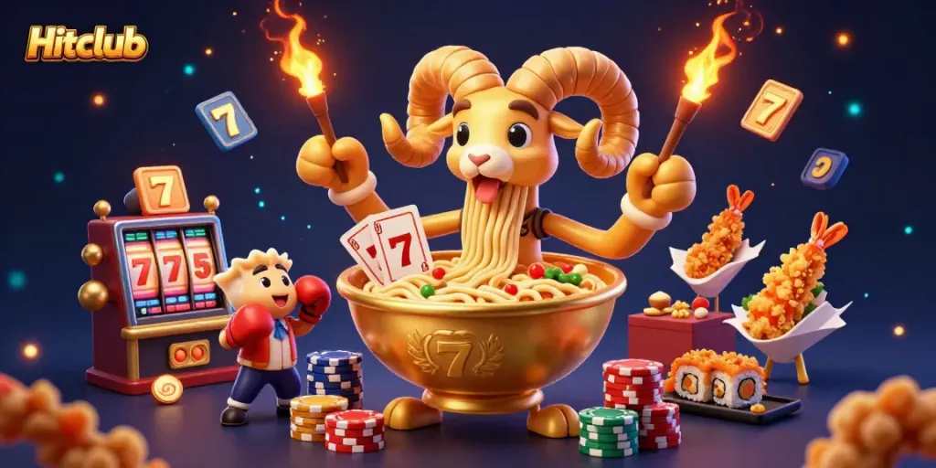 Hitclub's engaging casino scene with a giant ramen bowl, gyoza, and sushi roll dealer amid vibrant jackpots and slot reels.