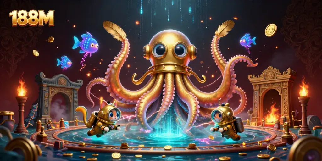188M kraken and diving cat in a dazzling underwater casino scene filled with treasures
