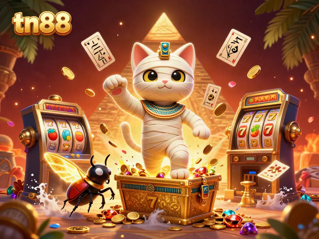 Experience tn88 excitement in an engaging casino scene featuring a mummy cat and treasures.
