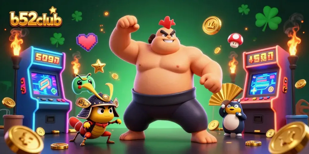 Experience b52club excitement with animated sumo, cricket, and tanuki in a lively casino scene.