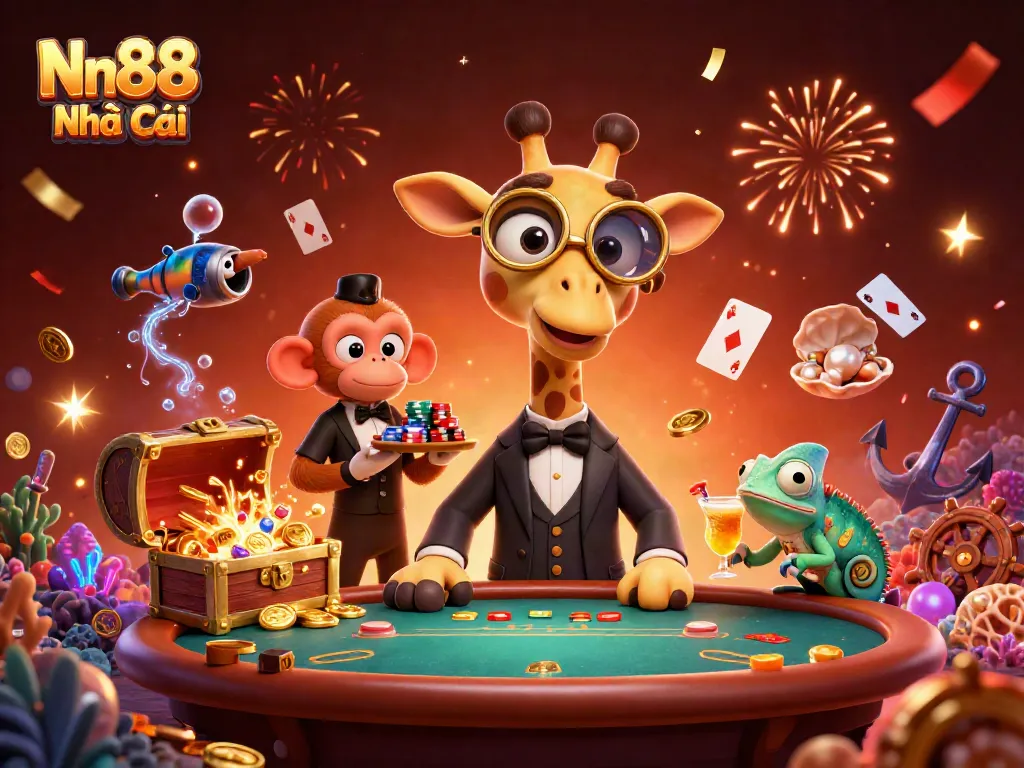 Witness the excitement at Nn88 Nhà Cái with a high-roller giraffe, a monkey valet, and an animated bartender in a vibrant casino scene.