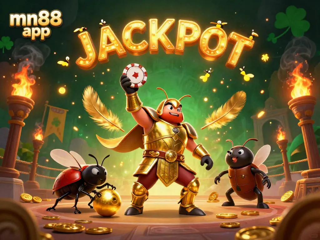 Engage in thrilling gameplay with the mn88 app featuring a victorious beetle character and jackpot celebration.