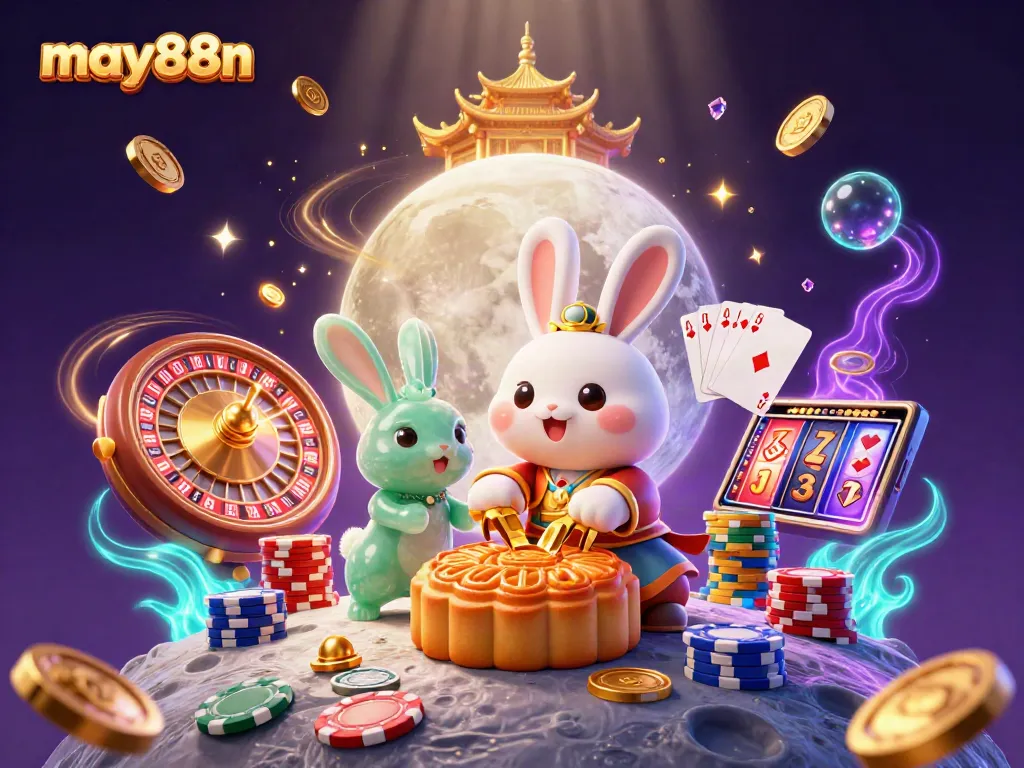 Experience thrilling gaming at may88n with a captivating scene of a folklore moon rabbit surrounded by casino elements.