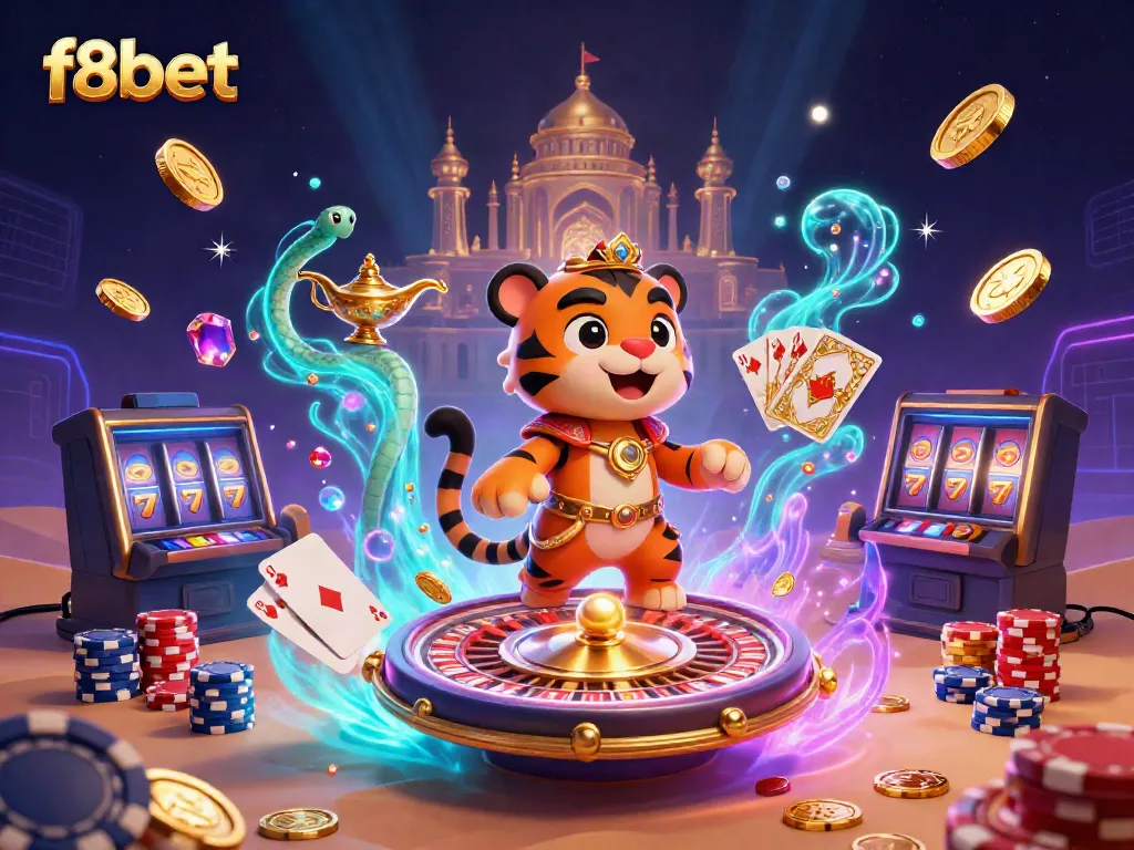 Experience the excitement of f8bet with a vibrant 3D casino scene featuring a tiger sultan and magical elements.