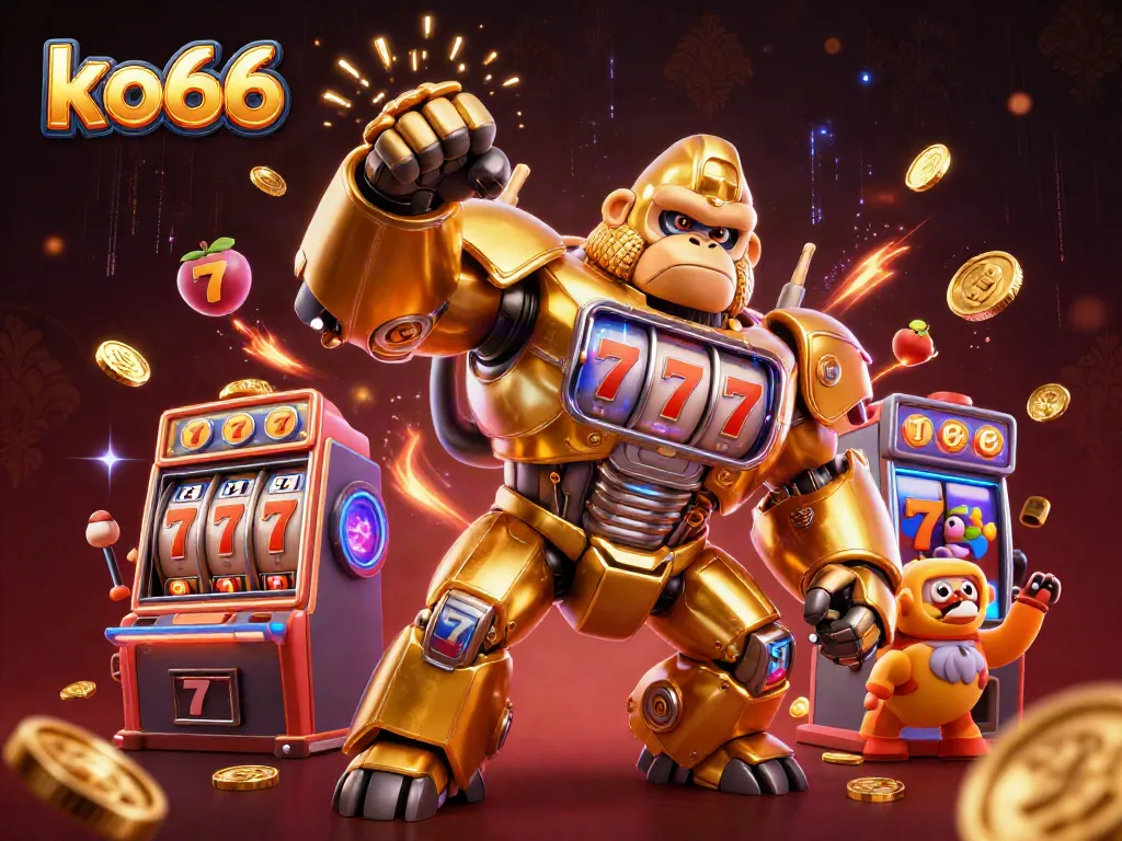 Experience the exciting world of ko66 with a vibrant illustration of a golden gorilla mech and dynamic casino elements.