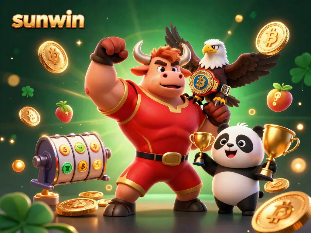 Experience thrilling wins at Sunwin with a dynamic scene showcasing a victorious bull mascot in a casino atmosphere.