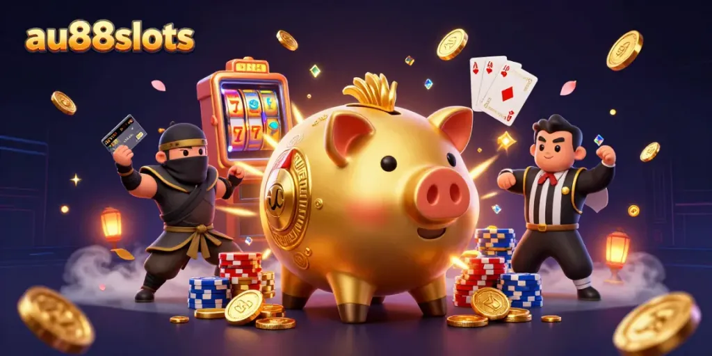 Experience thrilling moments with au88slots; a vibrant 3D casino scene featuring a golden piggy bank and dynamic gaming elements.