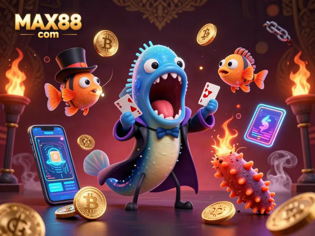 Engage in thrilling bets at MAX88 com with a vibrant casino magic scene featuring dazzling characters and digital coins.