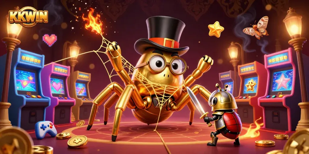 Experience the engaging KKWIN atmosphere with a golden tarantula and colorful gaming elements.