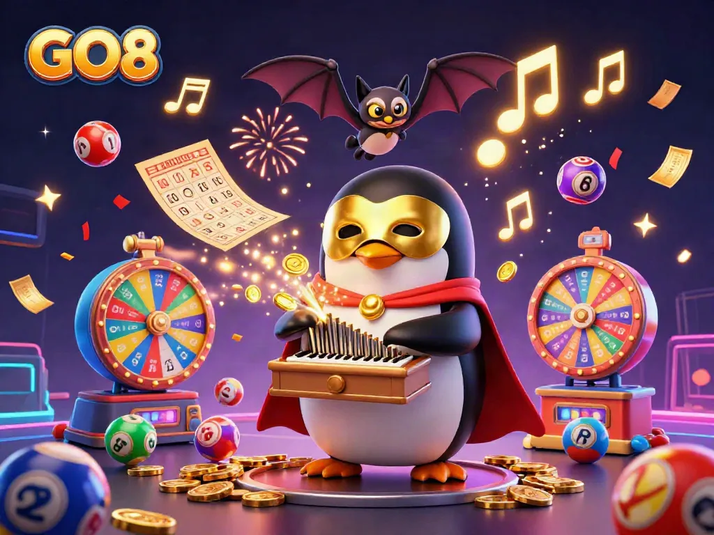 Exciting GO8 gaming experience depicted with vibrant characters amid colorful lottery elements and festive effects.