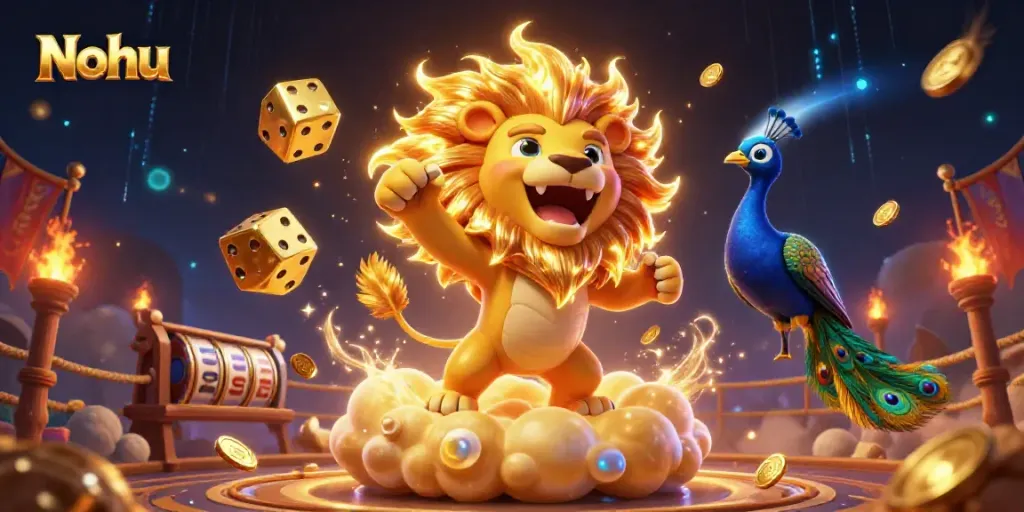 Nohu online casino features triumphant sun lion and golden dice amidst slots and winning prizes.